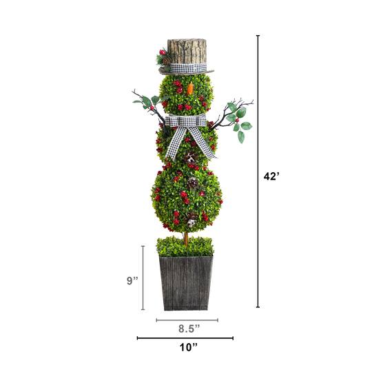 Nearly Natural 3.5ft. Pre-Lit Artificial Christmas Boxwood Snowman Topiary Tree in Decorative Planter